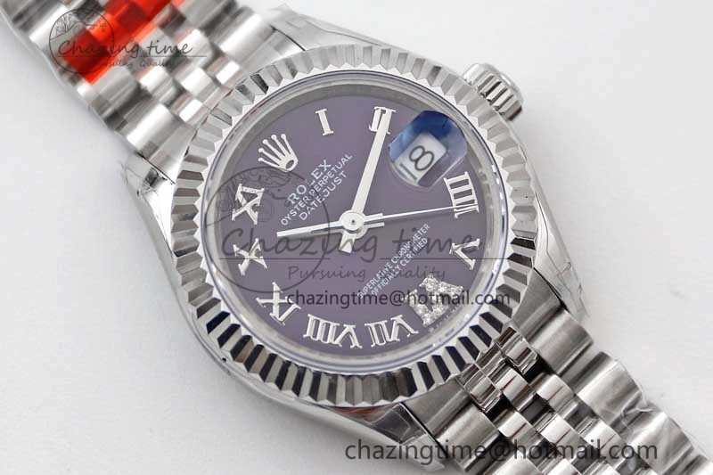 Efficient Lady DateJust 28 SS TWF 1:1 Best Edition 904L Steel Purple Dial Roman Markers on President Bracelet NH 10196