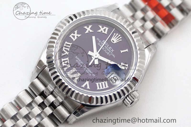 Efficient Lady DateJust 28 SS TWF 1:1 Best Edition 904L Steel Purple Dial Roman Markers on President Bracelet NH 10196