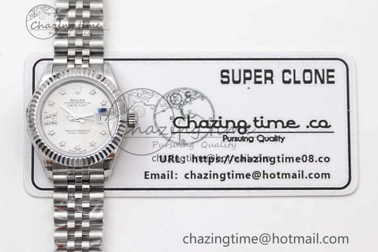 Lady DateJust 28 SS TWF 1:1 Best Edition 904L Steel Silver Dial Diam Markers on President Bracelet NH Lightweight 2180