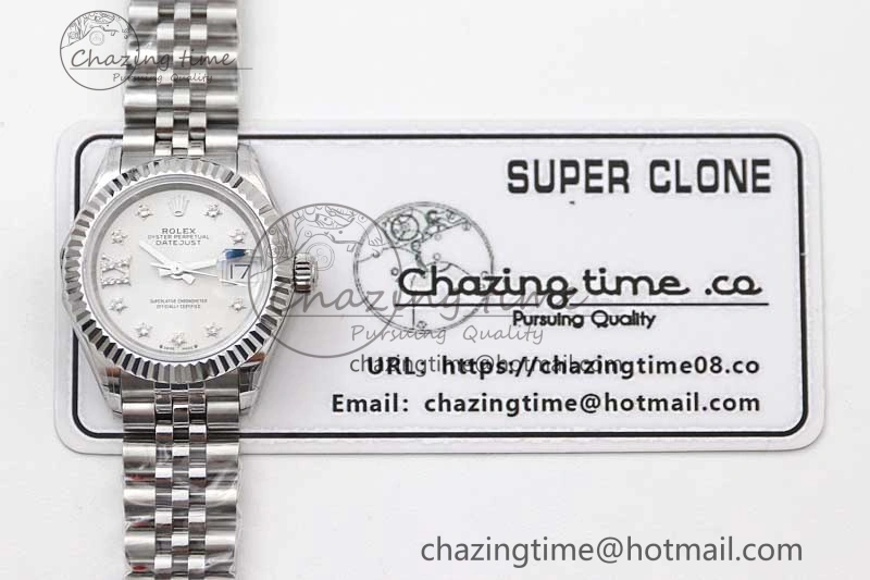 Lady DateJust 28 SS TWF 1:1 Best Edition 904L Steel Silver Dial Diam Markers on President Bracelet NH Lightweight 2180
