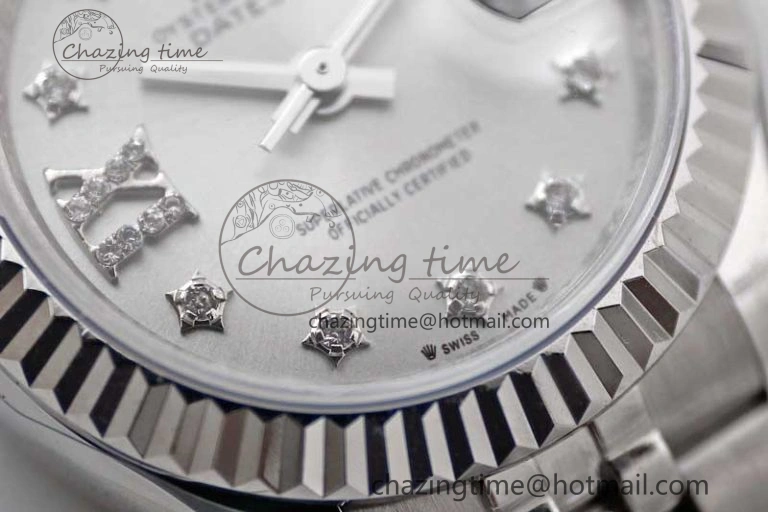 Lady DateJust 28 SS TWF 1:1 Best Edition 904L Steel Silver Dial Diam Markers on President Bracelet NH Lightweight 2180