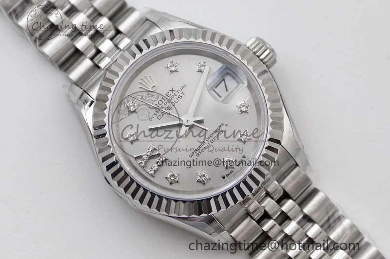 Lady DateJust 28 SS TWF 1:1 Best Edition 904L Steel Silver Dial Diam Markers on President Bracelet NH Lightweight 2180