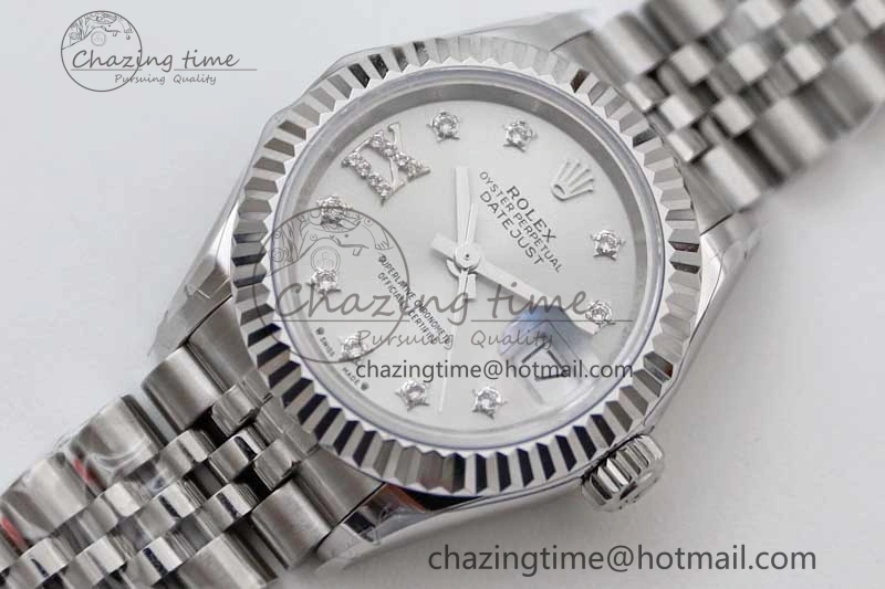Lady DateJust 28 SS TWF 1:1 Best Edition 904L Steel Silver Dial Diam Markers on President Bracelet NH Lightweight 2180