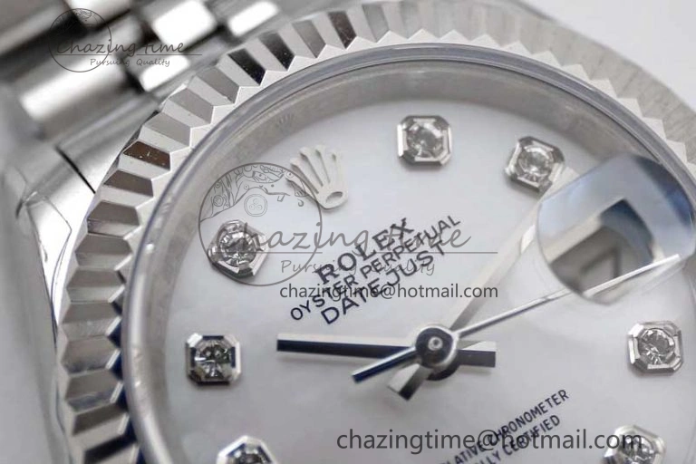 Lady DateJust 28 SS TWF 1:1 Best Edition 904L Steel Silver Dial Diamonds Markers on President Bracelet NH Attractive 10203