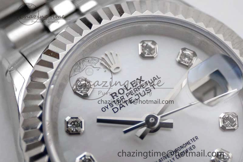 Lady DateJust 28 SS TWF 1:1 Best Edition 904L Steel Silver Dial Diamonds Markers on President Bracelet NH Attractive 10203