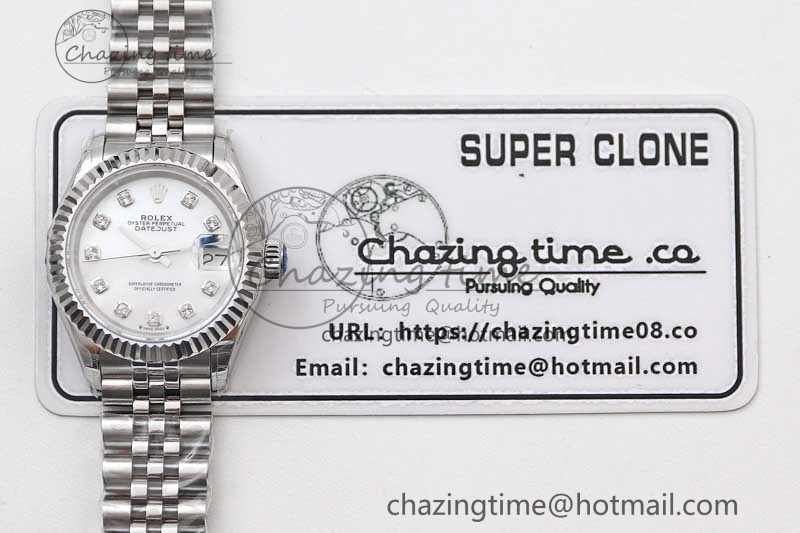 Lady DateJust 28 SS TWF 1:1 Best Edition 904L Steel Silver Dial Diamonds Markers on President Bracelet NH Attractive 10203