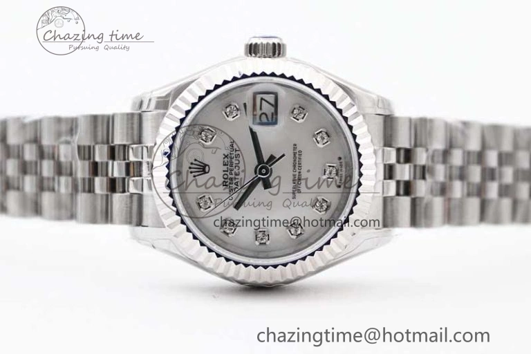 Lady DateJust 28 SS TWF 1:1 Best Edition 904L Steel Silver Dial Diamonds Markers on President Bracelet NH Attractive 10203