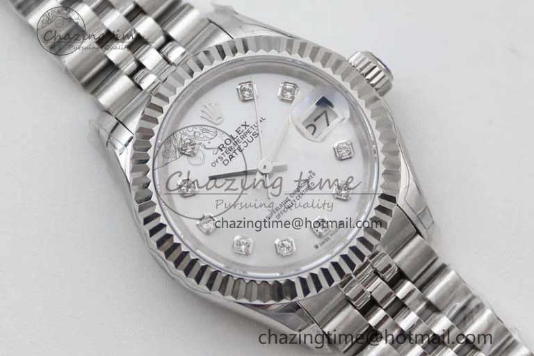 Lady DateJust 28 SS TWF 1:1 Best Edition 904L Steel Silver Dial Diamonds Markers on President Bracelet NH Attractive 10203