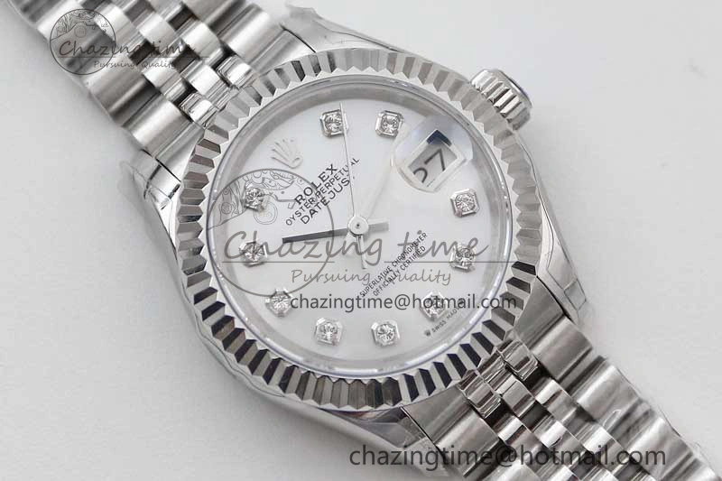 Lady DateJust 28 SS TWF 1:1 Best Edition 904L Steel Silver Dial Diamonds Markers on President Bracelet NH Attractive 10203
