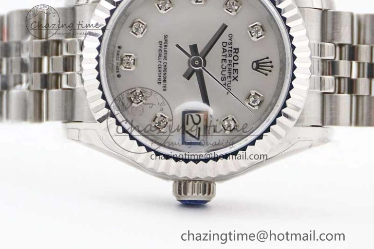Lady DateJust 28 SS TWF 1:1 Best Edition 904L Steel Silver Dial Diamonds Markers on President Bracelet NH Attractive 10203