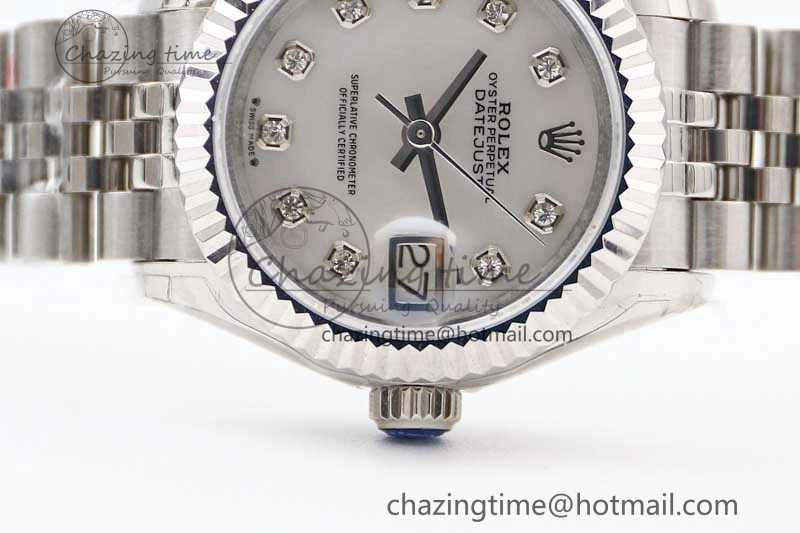 Lady DateJust 28 SS TWF 1:1 Best Edition 904L Steel Silver Dial Diamonds Markers on President Bracelet NH Attractive 10203