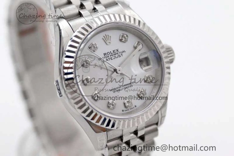 Lady DateJust 28 SS TWF 1:1 Best Edition 904L Steel Silver Dial Diamonds Markers on President Bracelet NH Attractive 10203