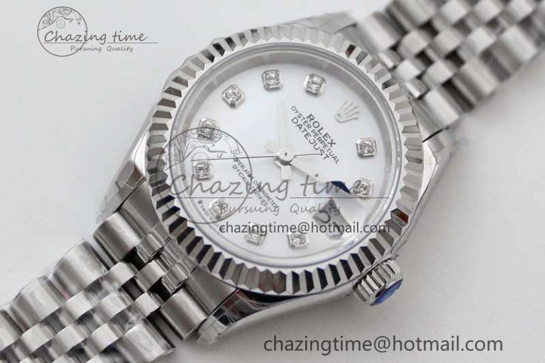 Lady DateJust 28 SS TWF 1:1 Best Edition 904L Steel Silver Dial Diamonds Markers on President Bracelet NH Attractive 10203