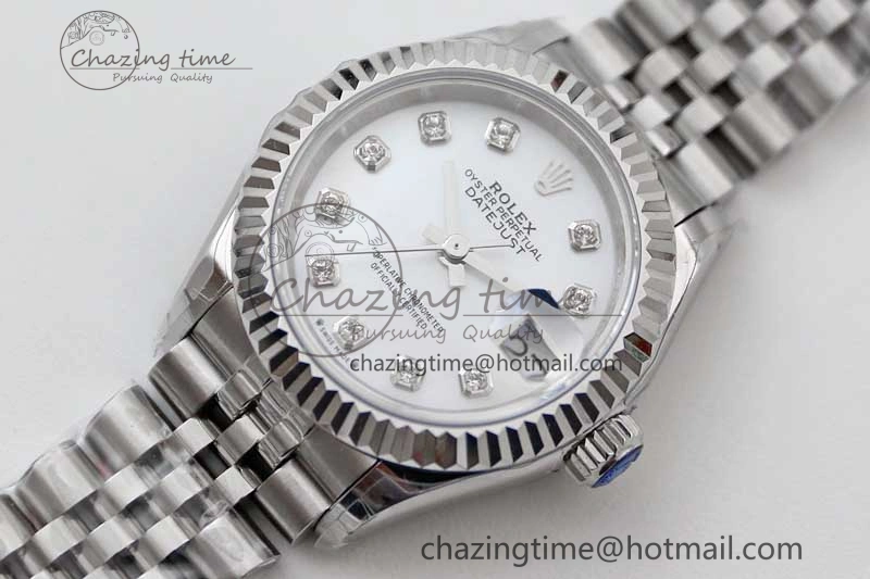 Lady DateJust 28 SS TWF 1:1 Best Edition 904L Steel Silver Dial Diamonds Markers on President Bracelet NH Attractive 10203