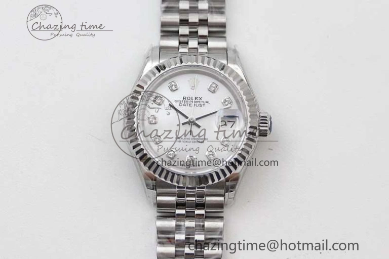 Lady DateJust 28 SS TWF 1:1 Best Edition 904L Steel Silver Dial Diamonds Markers on President Bracelet NH Attractive 10203