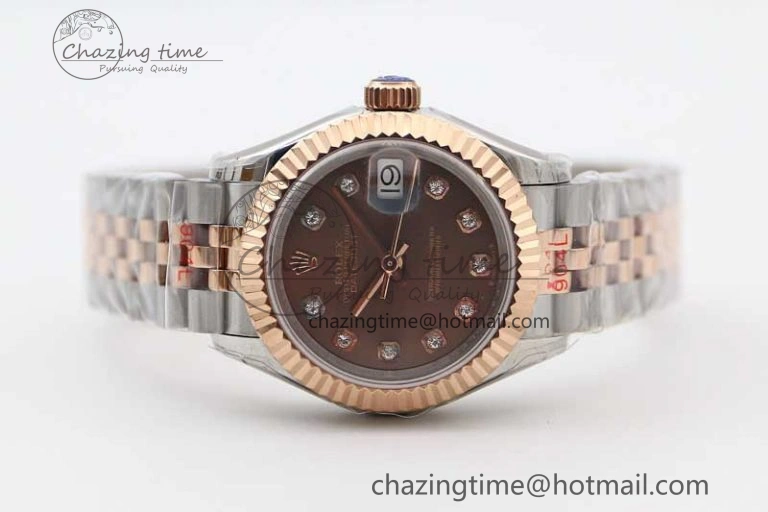 Lady DateJust 28 SS RG TWF 1:1 Best Edition Brown Dial Diamonds Markers on Jubilee Bracelet NH Packable 2131