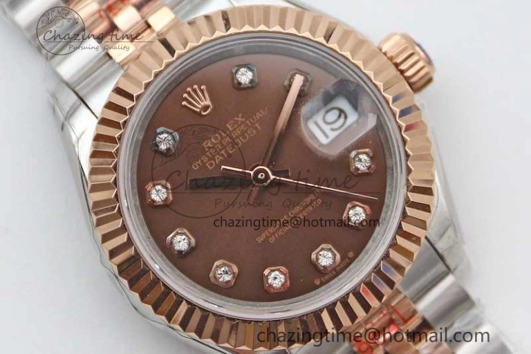 Lady DateJust 28 SS RG TWF 1:1 Best Edition Brown Dial Diamonds Markers on Jubilee Bracelet NH Packable 2131