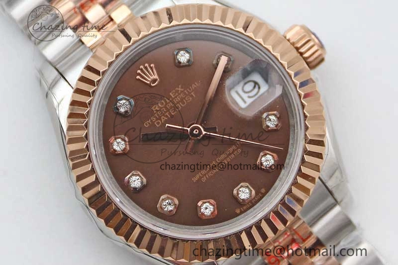 Lady DateJust 28 SS RG TWF 1:1 Best Edition Brown Dial Diamonds Markers on Jubilee Bracelet NH Packable 2131