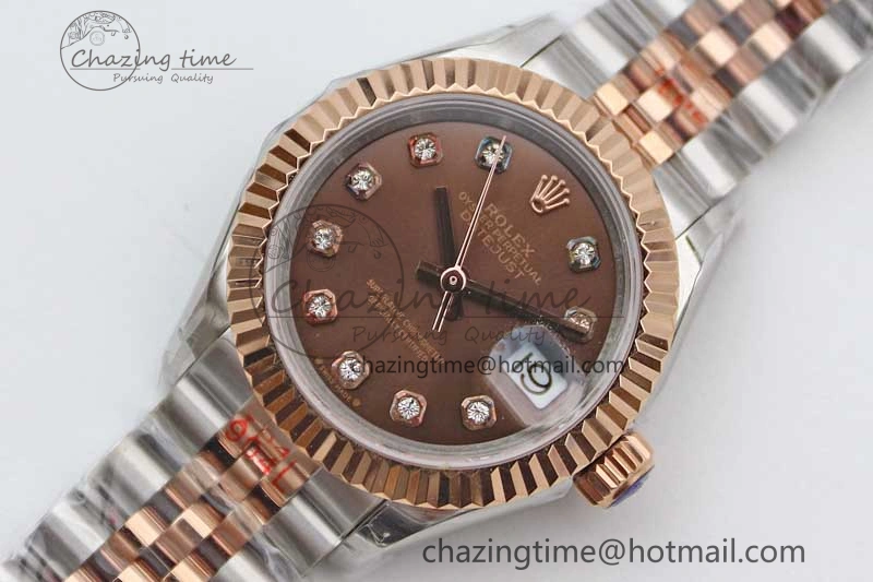 Lady DateJust 28 SS RG TWF 1:1 Best Edition Brown Dial Diamonds Markers on Jubilee Bracelet NH Packable 2131