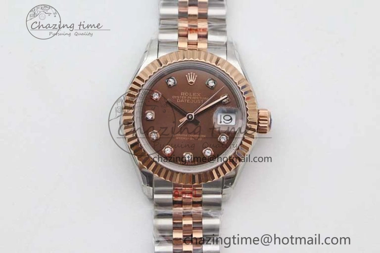 Lady DateJust 28 SS RG TWF 1:1 Best Edition Brown Dial Diamonds Markers on Jubilee Bracelet NH Packable 2131