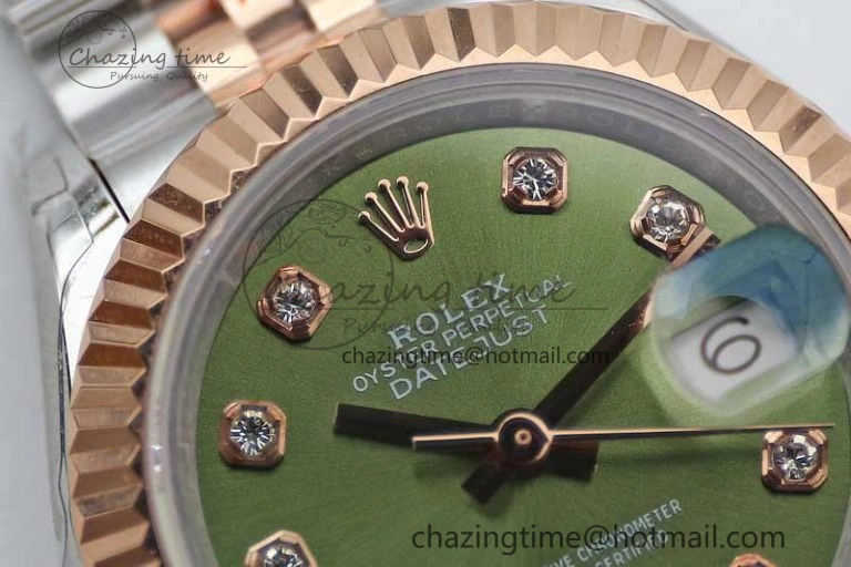 Affordable Lady DateJust 28 SS RG TWF 1:1 Best Edition Green Dial Diamonds Markers on Jubilee Bracelet NH 2130
