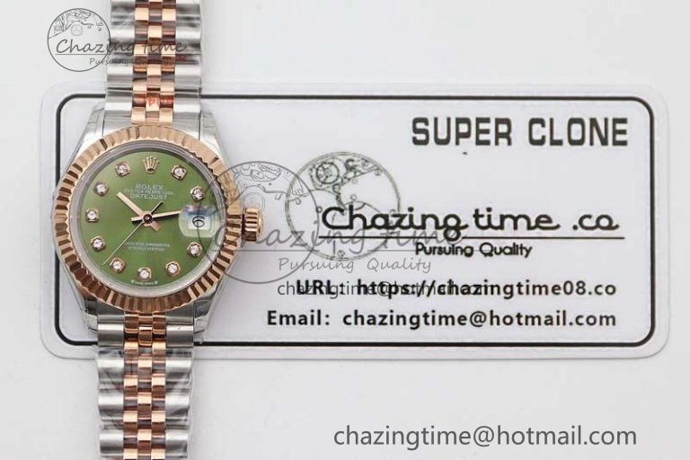 Affordable Lady DateJust 28 SS RG TWF 1:1 Best Edition Green Dial Diamonds Markers on Jubilee Bracelet NH 2130
