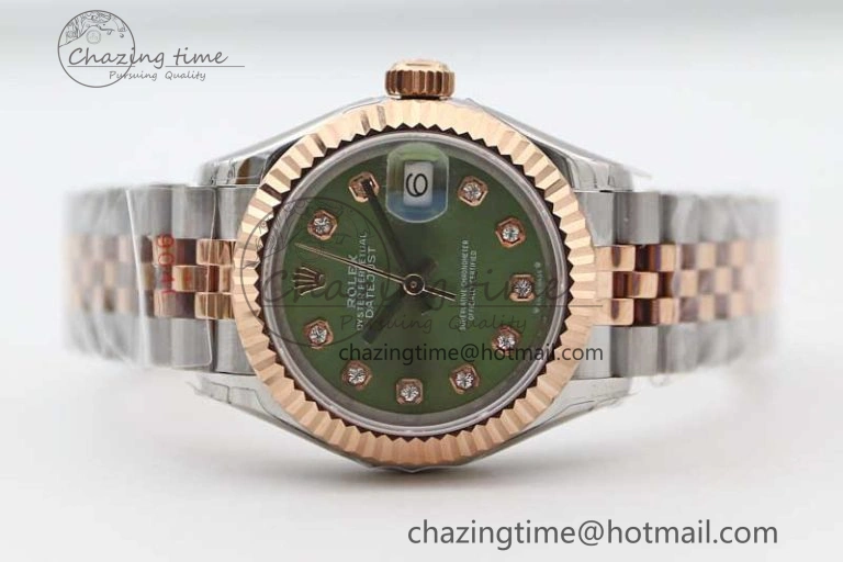Affordable Lady DateJust 28 SS RG TWF 1:1 Best Edition Green Dial Diamonds Markers on Jubilee Bracelet NH 2130