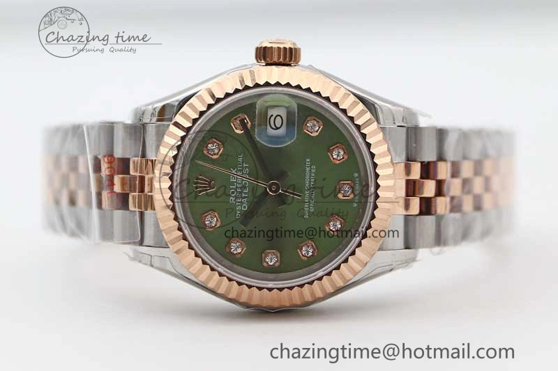 Affordable Lady DateJust 28 SS RG TWF 1:1 Best Edition Green Dial Diamonds Markers on Jubilee Bracelet NH 2130