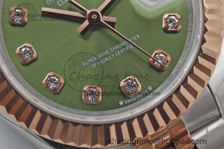 Affordable Lady DateJust 28 SS RG TWF 1:1 Best Edition Green Dial Diamonds Markers on Jubilee Bracelet NH 2130