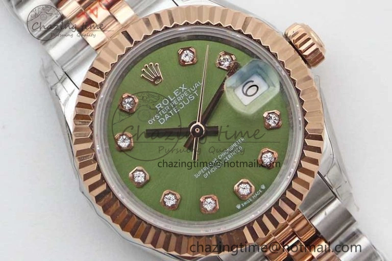 Affordable Lady DateJust 28 SS RG TWF 1:1 Best Edition Green Dial Diamonds Markers on Jubilee Bracelet NH 2130