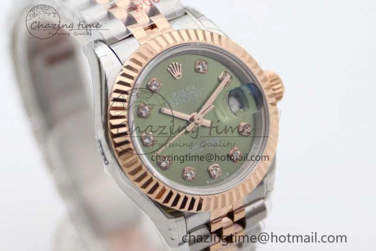 Affordable Lady DateJust 28 SS RG TWF 1:1 Best Edition Green Dial Diamonds Markers on Jubilee Bracelet NH 2130