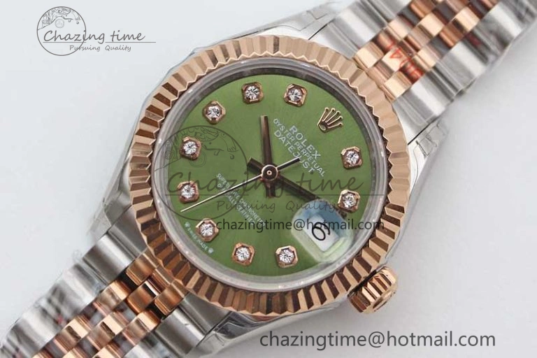 Affordable Lady DateJust 28 SS RG TWF 1:1 Best Edition Green Dial Diamonds Markers on Jubilee Bracelet NH 2130
