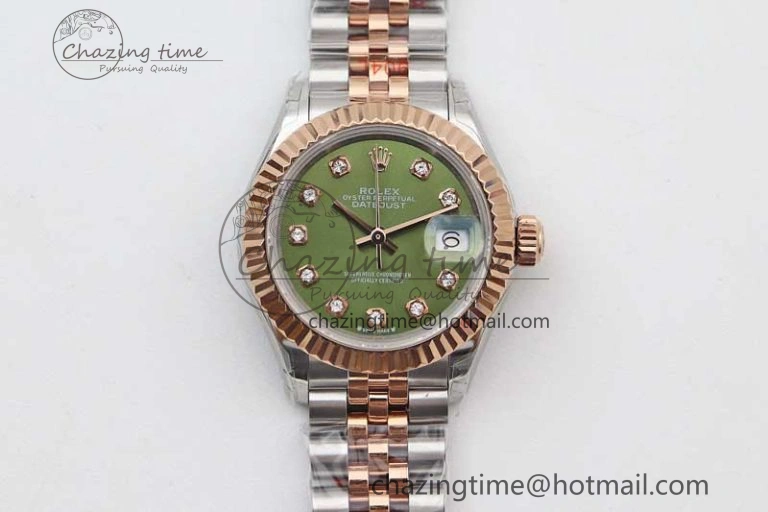 Trendy Lady DateJust 28 SS RG TWF 1:1 Best Edition Green Dial Diamonds Markers on Jubilee Bracelet NH 10180