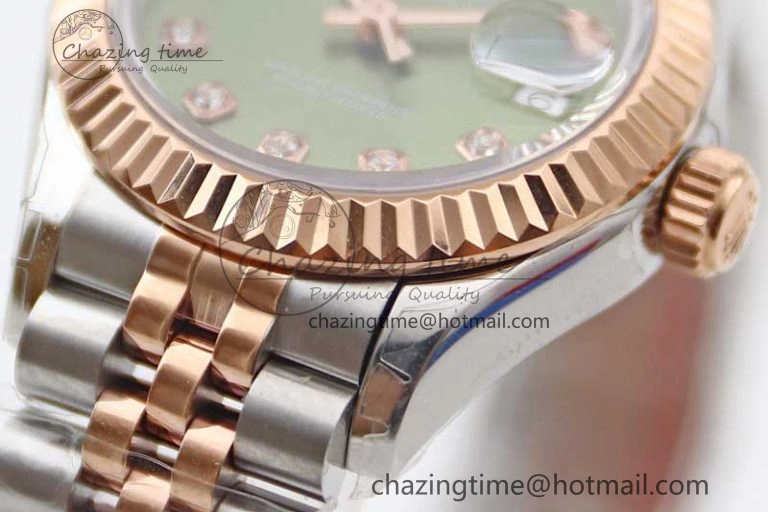 Affordable Lady DateJust 28 SS RG TWF 1:1 Best Edition Green Dial Diamonds Markers on Jubilee Bracelet NH 2130