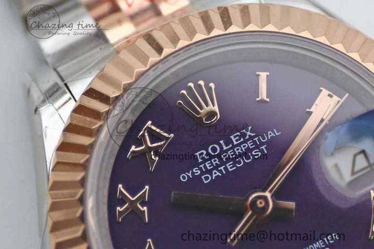 Lady DateJust 28 SS RG TWF 1:1 Best Edition Purple Dial Roman Markers on Jubilee Bracelet NH TimelessDesign 2128
