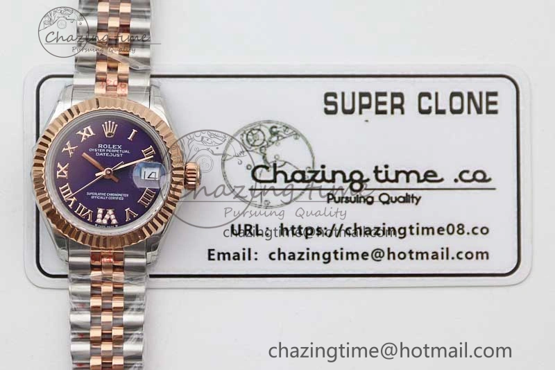 Lady DateJust 28 SS RG TWF 1:1 Best Edition Purple Dial Roman Markers on Jubilee Bracelet NH TimelessDesign 2128