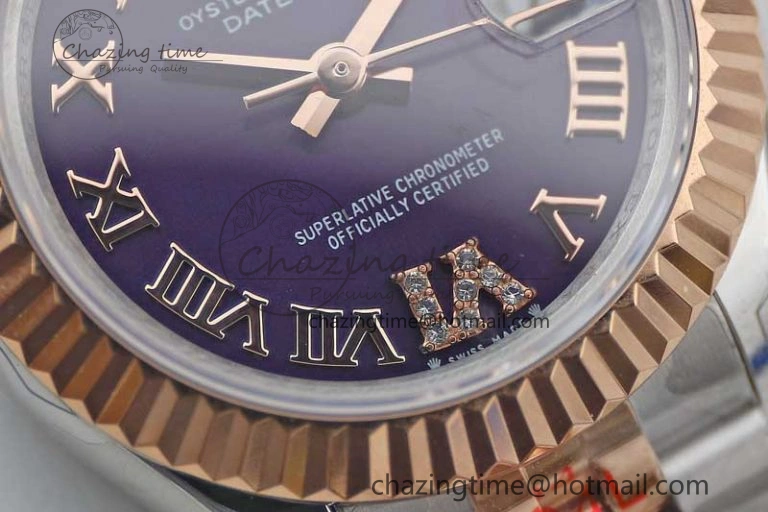 Lady DateJust 28 SS RG TWF 1:1 Best Edition Purple Dial Roman Markers on Jubilee Bracelet NH TimelessDesign 2128
