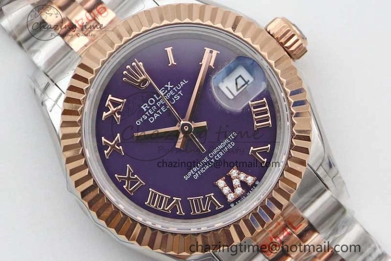 Lady DateJust 28 SS RG TWF 1:1 Best Edition Purple Dial Roman Markers on Jubilee Bracelet NH TimelessDesign 2128