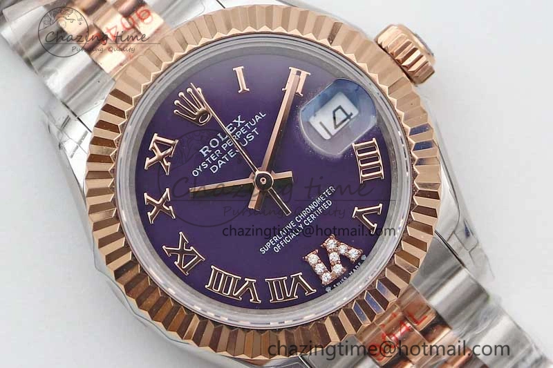 Lady DateJust 28 SS RG TWF 1:1 Best Edition Purple Dial Roman Markers on Jubilee Bracelet NH TimelessDesign 2128