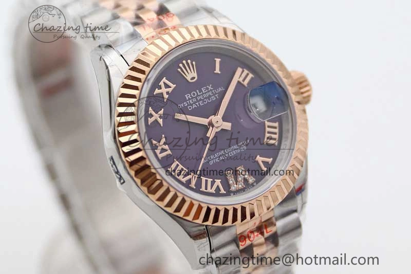 Lady DateJust 28 SS RG TWF 1:1 Best Edition Purple Dial Roman Markers on Jubilee Bracelet NH TimelessDesign 2128