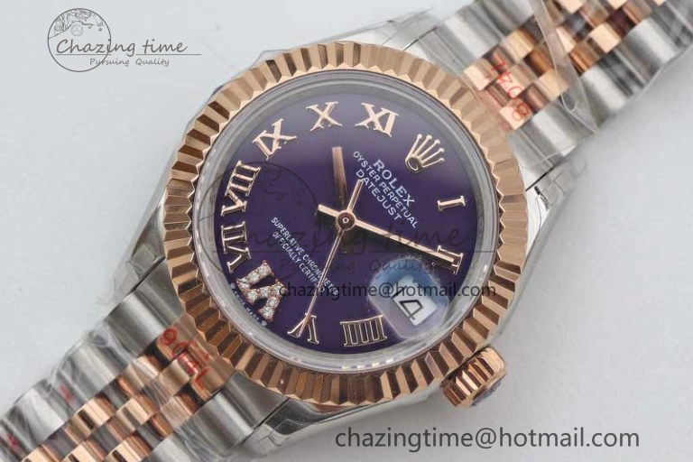 Lady DateJust 28 SS RG TWF 1:1 Best Edition Purple Dial Roman Markers on Jubilee Bracelet NH TimelessDesign 2128