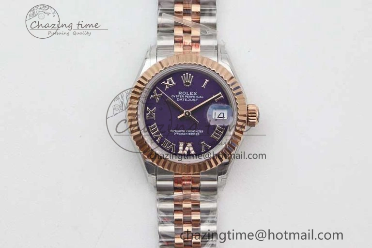 Bright Lady DateJust 28 SS RG TWF 1:1 Best Edition Purple Dial Roman Markers on Jubilee Bracelet NH 10181