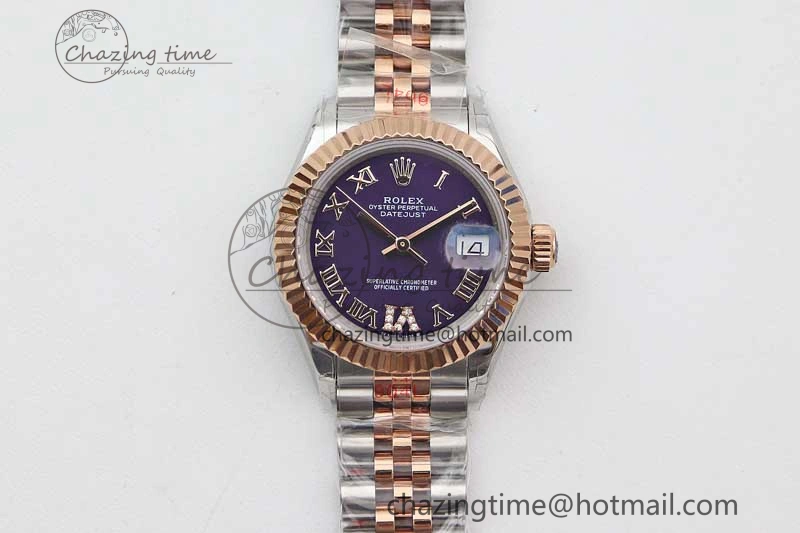 Lady DateJust 28 SS RG TWF 1:1 Best Edition Purple Dial Roman Markers on Jubilee Bracelet NH TimelessDesign 2128