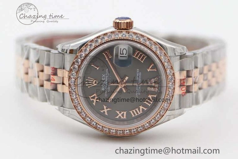 Lady DateJust 28 SS RG TWF Diamonds Bezel 1:1 Best Edition Grey Dial Roman Markers on Jubilee Bracelet NH UrbanStyle 10177