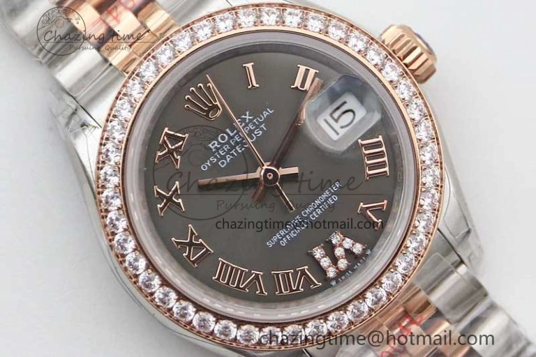 Lady DateJust 28 SS RG TWF Diamonds Bezel 1:1 Best Edition Grey Dial Roman Markers on Jubilee Bracelet NH UrbanStyle 10177