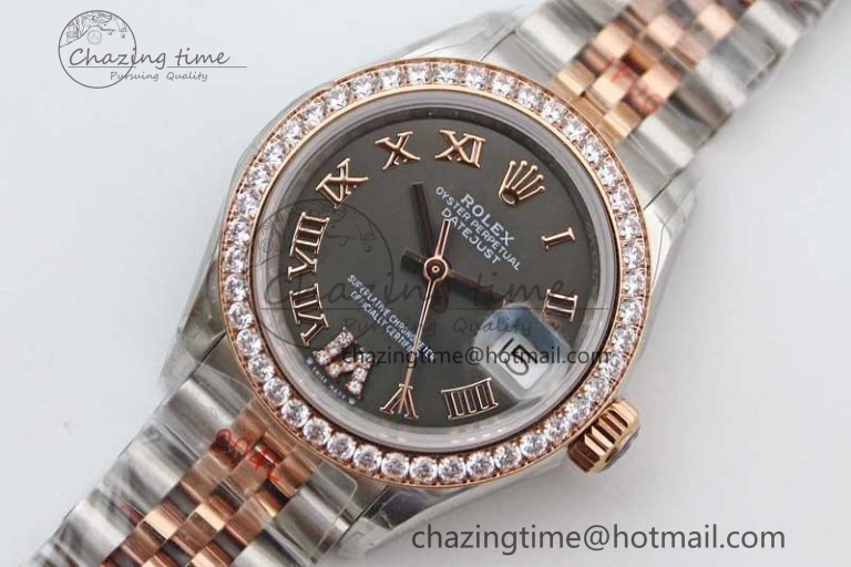 Lady DateJust 28 SS RG TWF Diamonds Bezel 1:1 Best Edition Grey Dial Roman Markers on Jubilee Bracelet NH UrbanStyle 10177