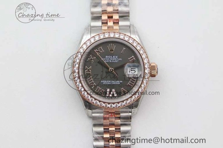 StreetReady Lady DateJust 28 SS RG TWF Diamonds Bezel 1:1 Best Edition Grey Dial Roman Markers on Jubilee Bracelet NH 2127
