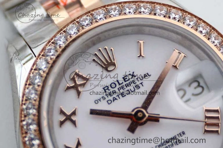 Lady DateJust 28 SS RG TWF Diamonds Bezel 1:1 Best Edition White Dial Roman Markers on Jubilee Bracelet NH EyeCatching 10179