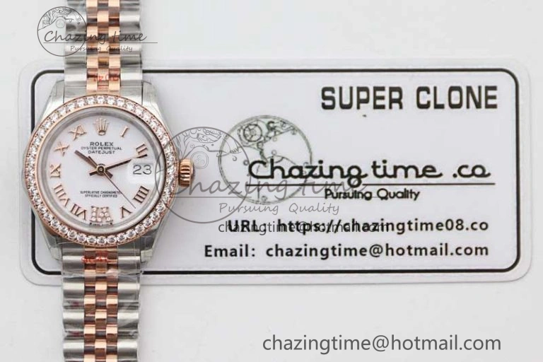 Lady DateJust 28 SS RG TWF Diamonds Bezel 1:1 Best Edition White Dial Roman Markers on Jubilee Bracelet NH EyeCatching 10179