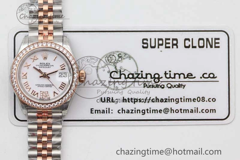 Lady DateJust 28 SS RG TWF Diamonds Bezel 1:1 Best Edition White Dial Roman Markers on Jubilee Bracelet NH EyeCatching 10179